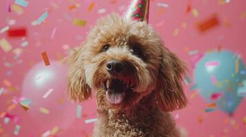 AI generated A joyful and adorable labradoodle dog, donning a party hat, is celebrating at a birthday party photo