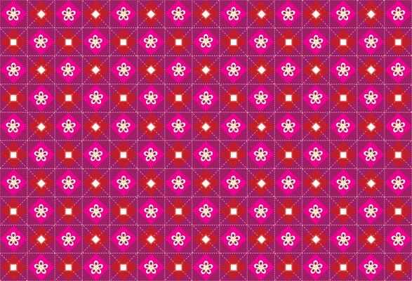 Illustration, pattern of flower on pink square and white line on violet background.