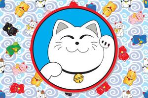 Illustration of the lucky cats in circle with color cats and soft cloud background. vector