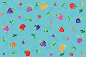 Illustration, pattern of raspberry with leaf on soft green background. vector