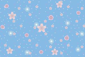 Illustration, pattern abstract of sakura flower and petals falling on light blue background. vector
