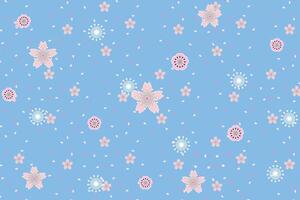 Illustration, pattern abstract of sakura flower and petals falling on light blue background. vector