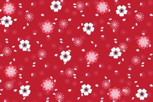 Illustration, pattern abstract of sakura flower and petals falling on red background. vector