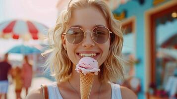 ai generado un joven hipster niña con rubia pelo disfruta un sabroso hielo crema en el verano calor mientras vistiendo Gafas de sol foto