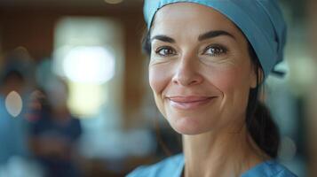 AI generated A compassionate nurse, in scrubs, smiles warmly, representing care and empathy in the healthcare profession photo