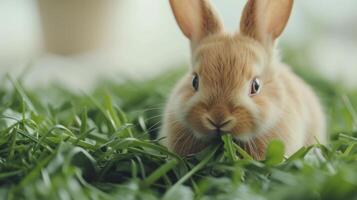 AI generated Cute rabbits nibbling on fresh green grass, their fluffy tails twitching with contentment photo