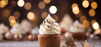 AI generated icing cupcake with fudge frosting on tabletop in holiday  mood photo