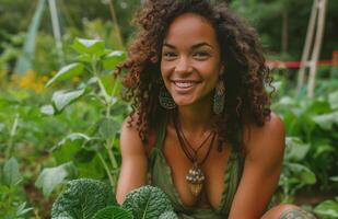 AI generated woman smiling and planting food photo