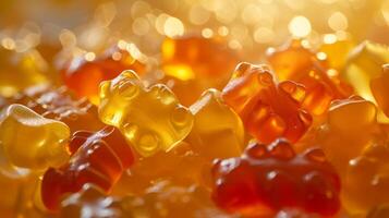 AI generated Close-up of mouthwatering gummy bears, inviting with their soft, chewy texture and fruity flavors photo