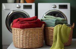 AI generated a washer next to a basket and laundry basket photo