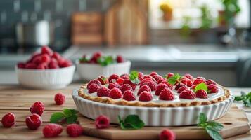 AI generated Pie with raspberries on a wooden rustic table photo