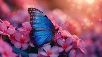 AI generated A stunning Morpho butterfly with vibrant blue wings resting on pink-violet flowers in a close-up macro shot in the springtime photo