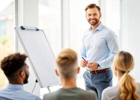 AI generated male coach or presenter make flip chart presentation ask question during work training photo