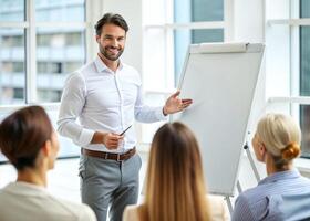 AI generated male coach or presenter make flip chart presentation ask question during work training photo