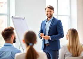 ai generado masculino entrenador o presentador hacer dar la vuelta gráfico presentación pedir pregunta durante trabajo formación foto