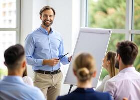 ai generado masculino entrenador o presentador hacer dar la vuelta gráfico presentación pedir pregunta durante trabajo formación foto