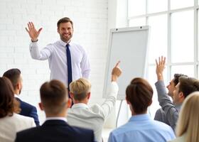 ai generado masculino entrenador o presentador hacer dar la vuelta gráfico presentación pedir pregunta durante trabajo formación foto