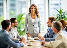 AI generated Smiling businesswoman leading corporate meeting photo