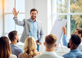 ai generado masculino entrenador o presentador hacer dar la vuelta gráfico presentación pedir pregunta durante trabajo formación foto