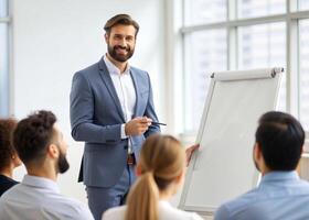 AI generated male coach or presenter make flip chart presentation ask question during work training photo