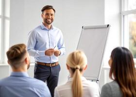 ai generado masculino entrenador o presentador hacer dar la vuelta gráfico presentación pedir pregunta durante trabajo formación foto