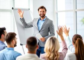 ai generado masculino entrenador o presentador hacer dar la vuelta gráfico presentación pedir pregunta durante trabajo formación foto