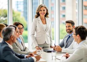 AI generated Smiling businesswoman leading corporate meeting photo