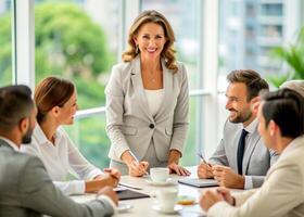 ai generado sonriente mujer de negocios líder corporativo reunión foto