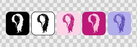 Set of women hair icons. Silhouette handdrawn outline. For logotype, clip art, symbol, sticker, or web design. 600 px X 600 px rectangular icon, vector flat illustration.