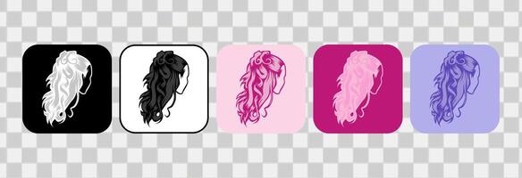 Set of women hair icons. Silhouette handdrawn outline. For logotype, clip art, symbol, sticker, or web design. 600 px X 600 px rectangular icon, vector flat illustration.