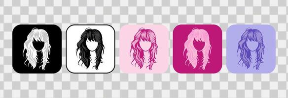 Set of women hair icons. Silhouette handdrawn outline. For logotype, clip art, symbol, sticker, or web design. 600 px X 600 px rectangular icon, vector flat illustration.