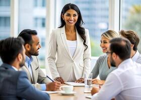 AI generated Smiling businesswoman leading corporate meeting photo