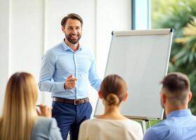 ai generado masculino entrenador o presentador hacer dar la vuelta gráfico presentación pedir pregunta durante trabajo formación foto