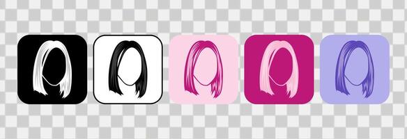 Set of women hair icons. Silhouette handdrawn outline. For logotype, clip art, symbol, sticker, or web design. 600 px X 600 px rectangular icon, vector flat illustration.