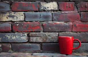 AI generated red coffee mug against a brick wall photo