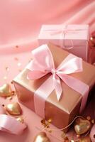 AI generated pink wrapping gifts, hearts and gold ribbons on pink background photo