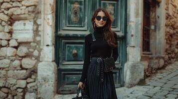 AI generated A beautiful young woman in a long black skirt, black leather boots, a black turtleneck and with a black bag photo