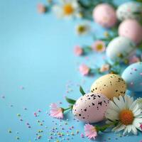 AI generated Minimalistic Easter background with colorful eggs, flowers, and ample text space. photo