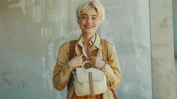 AI generated A young woman with short blond hair in a beige biker and golden trousers holds a white leather backpack photo