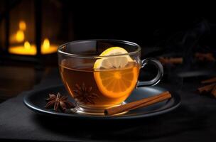 AI generated a cup of cinnamon tea on a black background with cinnamon sticks and slices of lemon and orange photo