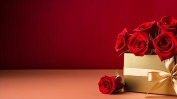AI generated Gorgeous minimalistic red backdrop adorned with red roses and a small golden gift box, featuring an off-center composition and plenty of space for text. photo