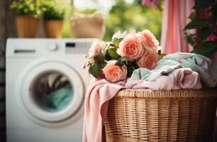 AI generated a laundry machine next to a wicker basket photo