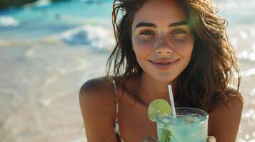 ai generado hermosa joven niña bebidas un mojito mientras sentado en el blanco como la nieve arena en el Hawai playa con grande copyspace zona foto