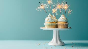 AI generated Cupcakes displayed on a cake stand adorned with sparklers. minimalist blue background photo