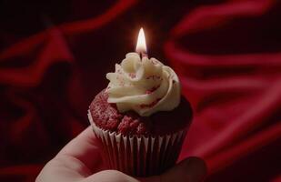 AI generated cupcake with a single lit candle photo