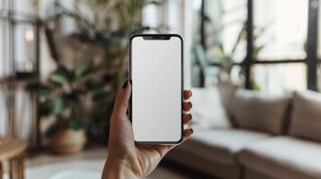AI generated Close-up hand holding a phone with a blank white screen turned towards the camera photo
