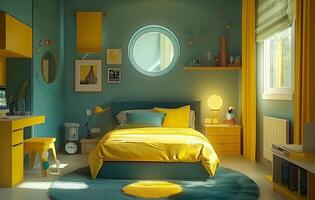 ai generado azul, amarillo y gris colores característica en esta para niños dormitorio foto