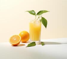 AI generated a glass of orange juice on top of a leaf photo