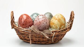 AI generated Easter eggs in a basket with a bow, isolated on a white background photo