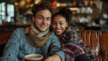 AI generated A young beautiful couple is sitting on a sofa in a classic coffee shop in the center of city photo